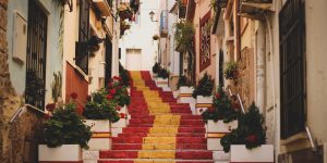 red, yellow, and white concrete stairs